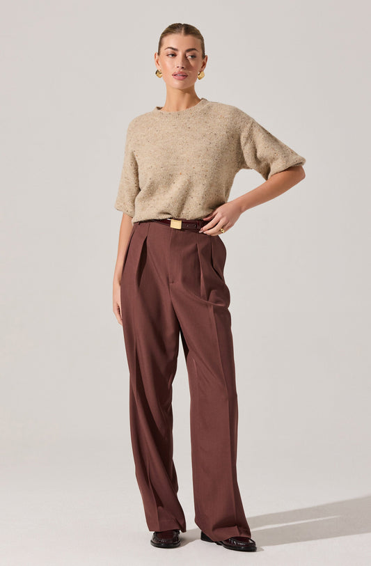 A woman is wearing a beige, short-sleeved, slightly oversized knit sweater with a round neckline. She pairs it with high-waisted, wide-leg, rust-colored trousers that have pleats at the waist and a belt. She is also wearing black shoes and gold earrings.