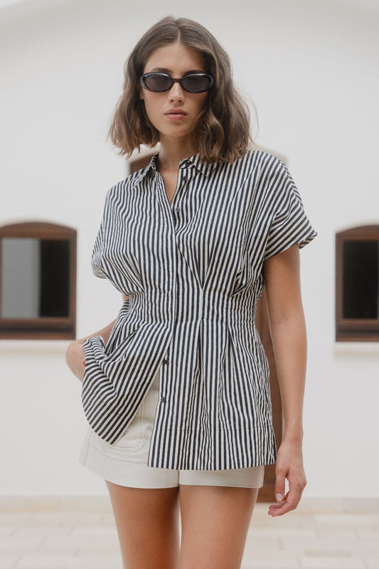 Astute Black Cream Stripe Short Sleeve Corset Detail Top